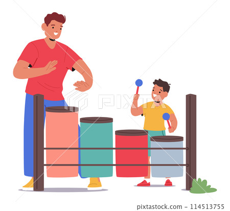 Cartoon Vector Scene Of A Father And His Young Son Playing With Musical Toys At A Playground. Boy Drums With Mallets 114513755