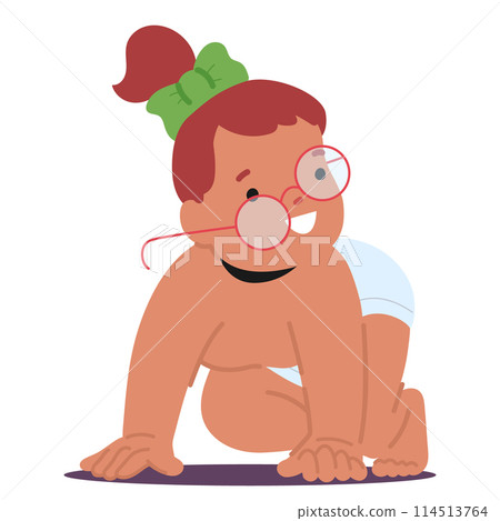 Adorable Baby With A Bright Bow And Round Glasses Gives A Cheeky Smile, Embodying The Joy Of Early Childhood Exploration 114513764