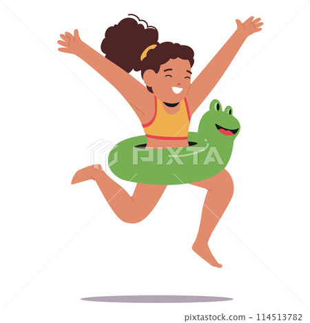 Young Girl Leaping Joyfully With Green Frog Inflatable Ring, Portraying A Scene Of Childhood Joy And Summer Fun Young Girl Leaping Joyfully With Green Frog Inflatable Ring, Portraying A Scene Of Childhood Joy And Summer Fun 114513782