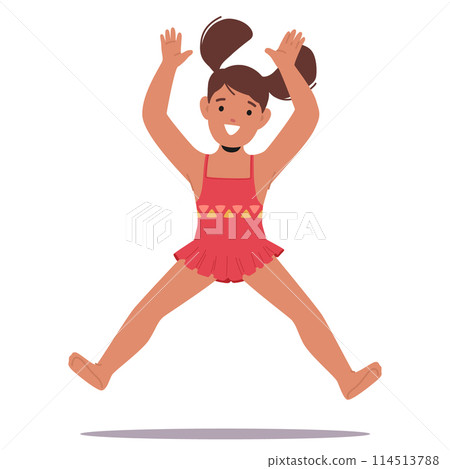 Cheerful Girl Mid-jump, Wearing A Bright Red Swimsuit With A Fun Pattern. Her High-spirited Energy And Joyful Expression Cheerful Girl Mid-jump, Wearing A Bright Red Swimsuit With A Fun Pattern. Her High-spirited Energy And Joyful Expression 114513788