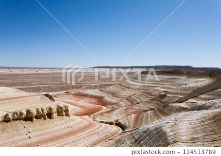 Kyzylkup plateau landscape, Mangystau desert. Rock strata formations 114513789