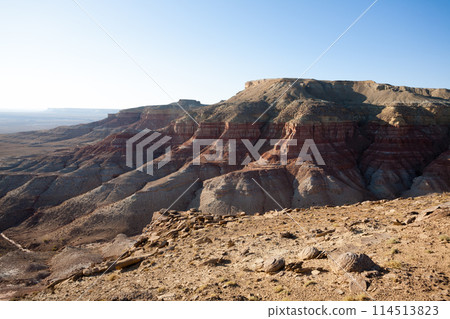 Monument rock view, Mangystau region landscape, Kokesem area, Kazakhstan. 114513823