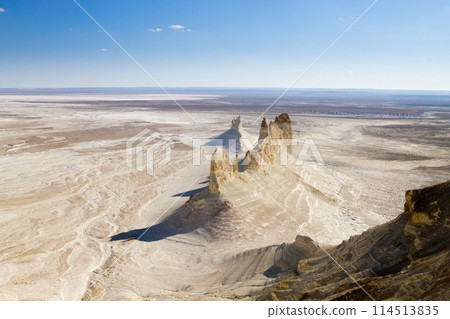 Bozzhira valley pinnacles aerial view, Mangystau region, Kazakhstan. Ak Orpa pinnacles 114513835