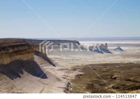 Stunning Mangystau landscape, Kazakhstan. Ak Orpa pinnacles aerial view, Bozzhira valley 114513847