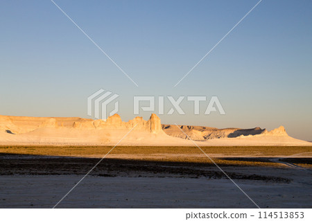 Bozzhira valley pinnacles aerial view, Mangystau region, Kazakhstan. Ak Orpa pinnacles Bozzhira valley pinnacles aerial view, Mangystau region, Kazakhstan. Ak Orpa pinnacles 114513853
