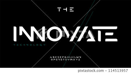 Innovative sleek alphabet, bold geometric sans serif letters, cutting-edge digital font for dynamic tech logo, powerful headline, advanced typography, future-facing typographic design.Vector typeset 114513957
