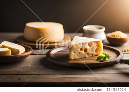 Pieces of delicious cheese and knife on wooden table. Space for text Pieces of delicious cheese and knife on wooden table. Space for text 114514014