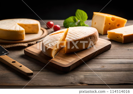 Pieces of delicious cheese and knife on wooden table. Space for text 114514016