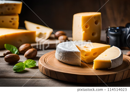 Pieces of delicious cheese and knife on wooden table. Space for text Pieces of delicious cheese and knife on wooden table. Space for text 114514023