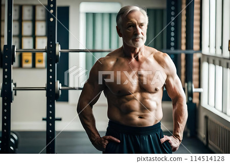 A old man with a beard stands in a gym with a large white beard. 114514128