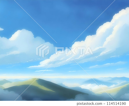 有雲的天空。山脈。插畫風格。 AI 生成影像。 114514190