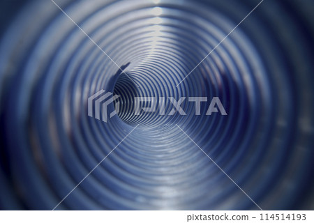 Drainage system.Blue, corrugated pipe. Photo from the inside. 114514193