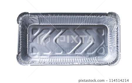 Empty disposable aluminium foil baking dish isolated on white background top view. Empty disposable aluminium foil baking dish isolated on white background top view. 114514214