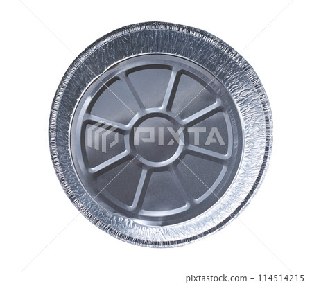 Aluminum food box disposable isolated on white background, top view. Foil food container tray. Foil food box with takeaway meal. Aluminum food box disposable isolated on white background, top view. Foil food container tray. Foil food box with takeaway meal. 114514215