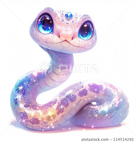 2025 A colorful snake with sparkles on its body and a cute face. The snake is sitting on a white background 114514292