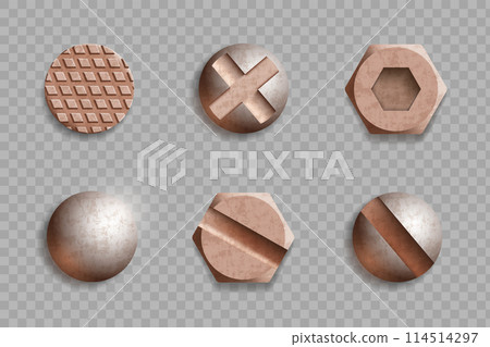 Rusty screw heads, nails, bolts. 114514297