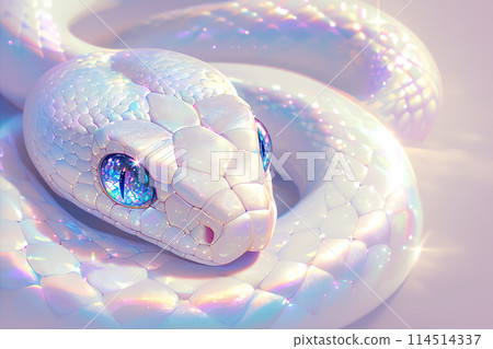 A snake with blue eyes and a white body. The snake is surrounded by a rainbow of colors 114514337