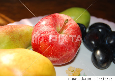 Apple, pear and plum. Fruit exposition.Fruit basket at the end of summer. Apple, pear and plum. Fruit exposition.Fruit basket at the end of summer. 114514347