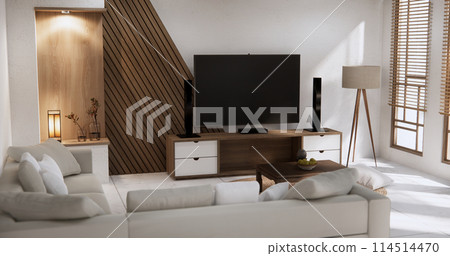 Cabinet room wooden interior wabisabi and armchair sofa and decoration japanese style. 114514470