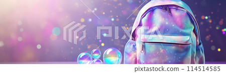 Holographic background with backpack and copy space for text. Perfect for modern school or fashion themes. Iridescent color gradient. Y2k, 2000s style. Panoramic banner. Generative AI. 114514585