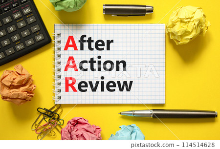 AAR After action review symbol. Concept words AAR After action review on beautiful white note. Beautiful yellow background. Black calculator. Business AAR after action review concept. Copy space. AAR After action review symbol. Concept words AAR After action review on beautiful white note. Beautiful yellow background. Black calculator. Business AAR after action review concept. Copy space. 114514628