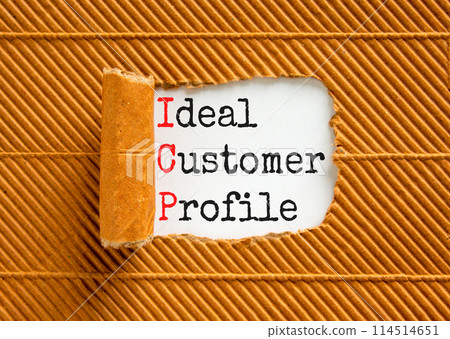 ICP ideal customer profile symbol. Concept words ICP ideal customer profile on beautiful white paper. Beautiful brown paper background. Business ICP ideal customer profile concept. Copy space. 114514651