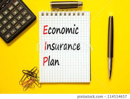 EIP economic insurance plan symbol. Concept words EIP economic insurance plan on beautiful white note. Beautiful yellow background. Business EIP economic insurance plan concept. Copy space. 114514657