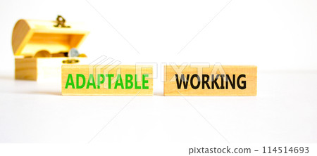 Adaptable working symbol. Concept words Adaptable working on beautiful wooden block. Beautiful white paper background. Wooden chest with coins. Business Adaptable working concept. Copy space. Adaptable working symbol. Concept words Adaptable working on beautiful wooden block. Beautiful white paper background. Wooden chest with coins. Business Adaptable working concept. Copy space. 114514693