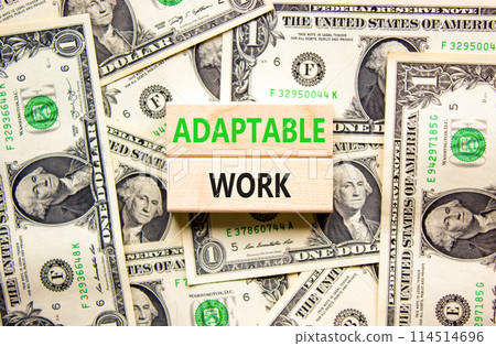 Adaptable work symbol. Concept words Adaptable work on beautiful wooden block. Beautiful dollar bills background. Dollar bills. Business Adaptable work concept. Copy space. Adaptable work symbol. Concept words Adaptable work on beautiful wooden block. Beautiful dollar bills background. Dollar bills. Business Adaptable work concept. Copy space. 114514696
