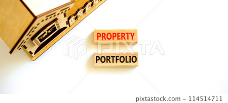 Property portfolio symbol. Concept words Property portfolio on beautiful wooden blocks. Wooden model of houses. Beautiful white background. Business Property portfolio concept. Copy space. Property portfolio symbol. Concept words Property portfolio on beautiful wooden blocks. Wooden model of houses. Beautiful white background. Business Property portfolio concept. Copy space. 114514711