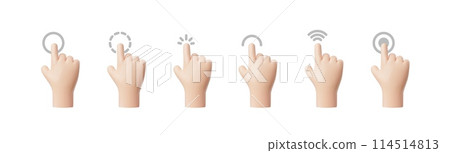 3D hand pointing forefinger gesture vector icons set, various types of touch or click cursor, tap screen, choose button 114514813