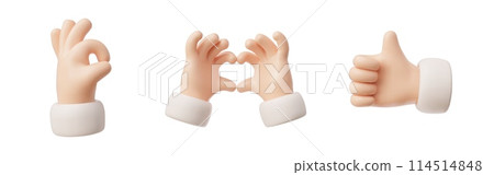 A set of 3D vector hand gestures showing love, approval and positive communication. 114514848