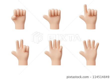 3D hand shows fingers counting from one to five, hands gesture numbers, palm with raised fingers arithmetic icons set 114514849