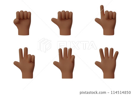 3D hand shows fingers counting from one to five, hands gesture of numbers, palm with raised fingers arithmetic icons set 114514850