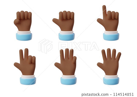 3D hand with blue sleeve shows fingers counting from one to five, palms gesture of numbers, arithmetic icons set 114514851