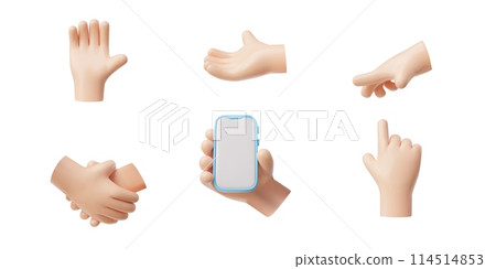 Hands gestures 3D vector set, hands emoji with a mobile phone, handshake, palm down, five fingers, pointer gestures 114514853