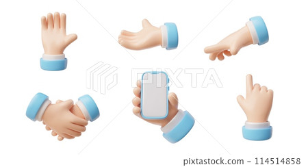Hands gestures 3D vector set, hands emoji with mobile phone, handshake, palm down, five fingers, pointer, blue sleeve 114514858