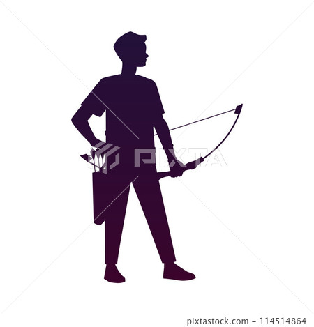 Vector illustration black silhouette of a young archer with a sporting bow and arrows Vector illustration black silhouette of a young archer with a sporting bow and arrows 114514864