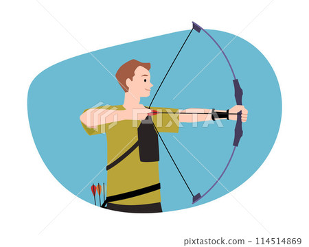 Young professional archer man focus aiming, ready to shoot vector flat illustration, cartoon archery sport activity Young professional archer man focus aiming, ready to shoot vector flat illustration, cartoon archery sport activity 114514869