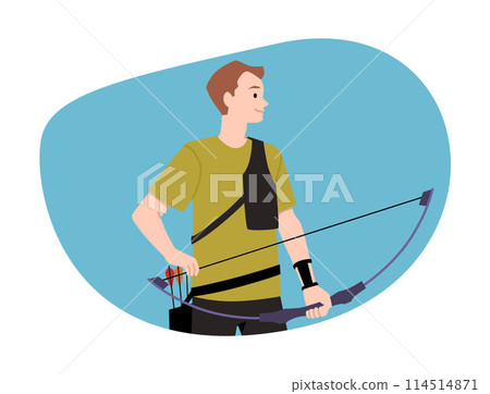 Young professional archer man with bow and arrow standing flat vector, cartoon archery sport leisure activity in frame Young professional archer man with bow and arrow standing flat vector, cartoon archery sport leisure activity in frame 114514871