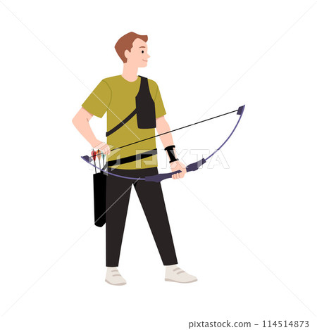 Young professional archer man with bow and arrow standing full height flat vector cartoon archery sport leisure activity Young professional archer man with bow and arrow standing full height flat vector cartoon archery sport leisure activity 114514873
