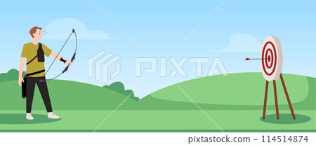 Young professional archer man focus shot at the target vector flat illustration, cartoon archery sport outdoor activity Young professional archer man focus shot at the target vector flat illustration, cartoon archery sport outdoor activity 114514874