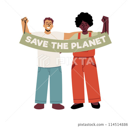 Flat illustration of activists with slogan "Save this planet!" 114514886