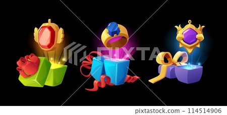 Set of magical 3D decorations with gift boxes on an isolated black background. Set of magical 3D decorations with gift boxes on an isolated black background. 114514906