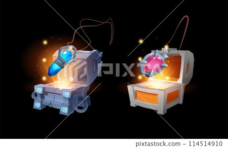 Vintage wooden and stone glowing chests with magic gem amulets vector set, cartoon game achievement winner bonus, reward Vintage wooden and stone glowing chests with magic gem amulets vector set, cartoon game achievement winner bonus, reward 114514910