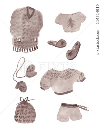 Set of home warm clothes. Vintage watercolor illustration with home clothes. Design in watercolor style. Sketch elements 114514919