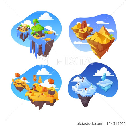 Fantasy islands floating in the sky vector set, tropical, ice and desert land, winter and autumn islands, game platforms Fantasy islands floating in the sky vector set, tropical, ice and desert land, winter and autumn islands, game platforms 114514921