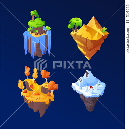 Set of 3D vector illustrations of an island game with flying planforms. 114514923