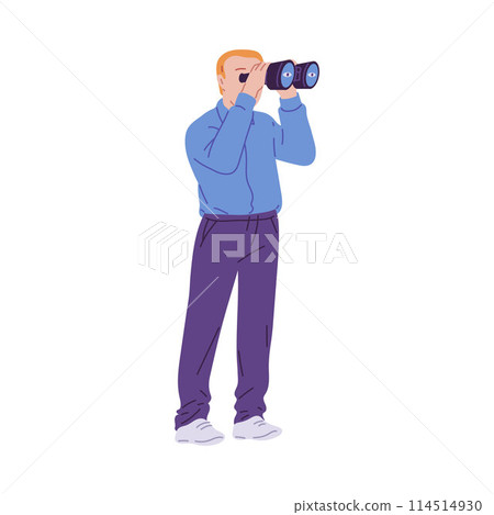 Vector illustration of a man, side view and looking through binoculars on a white background 114514930
