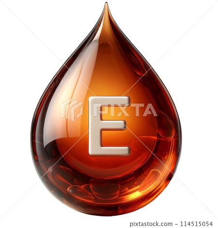 3D rendering of golden drop shaped like Vitamin E, symbolizing oil based vitamin E supplements. 114515054